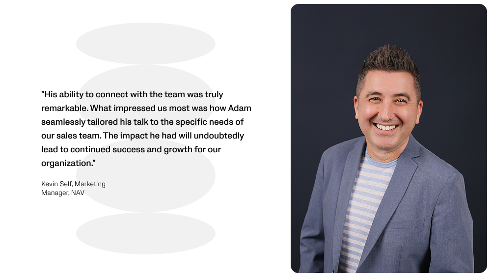 Adam Williams keynote speaker profile before/after showcase.