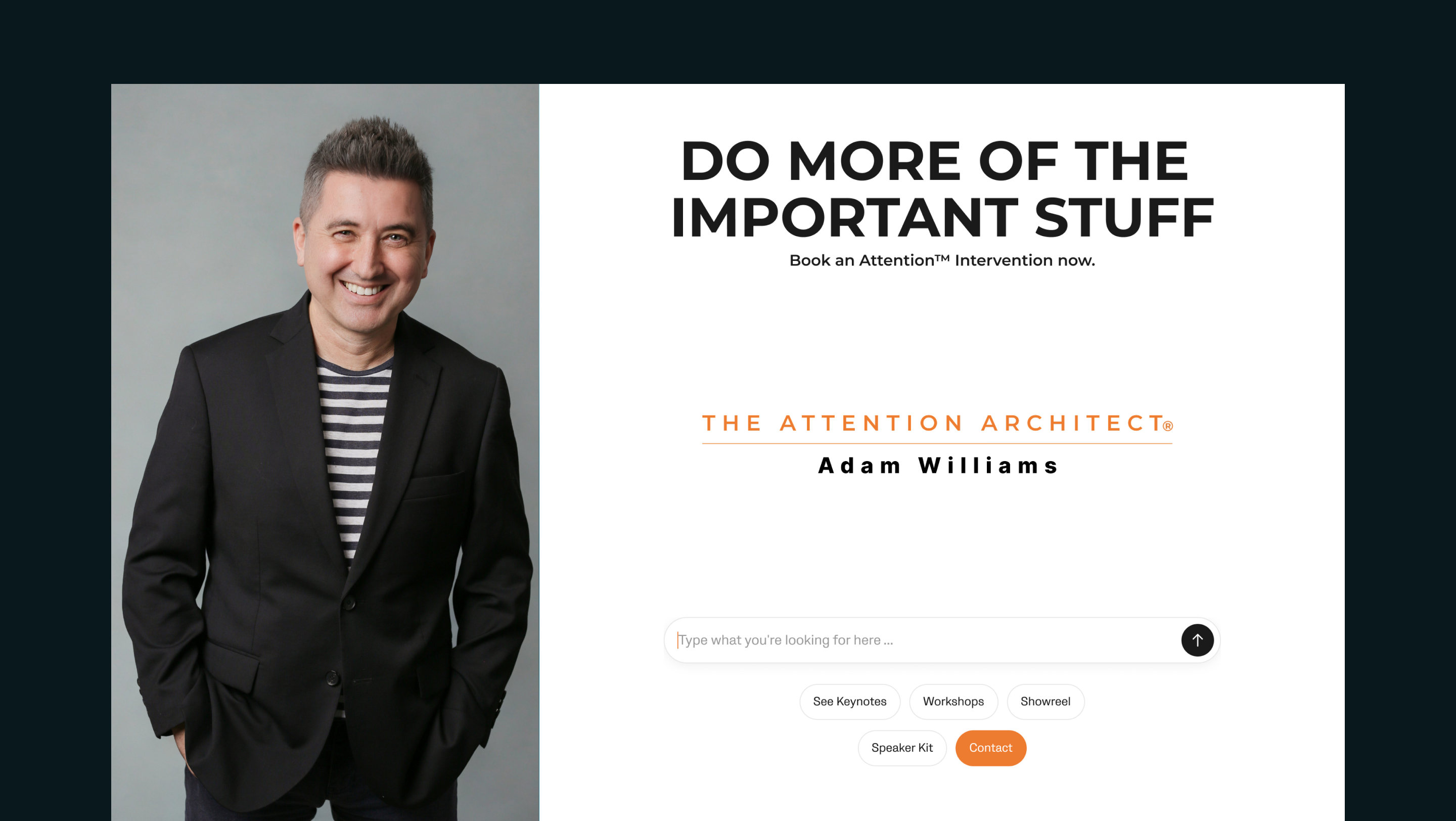 Adam Williams keynote speaker profile before/after showcase.