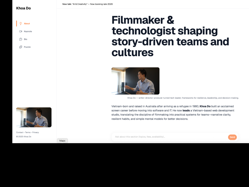 Personal AI website combining storytelling, conversation, and interactive experiences to help audiences explore creativity, leadership, and resilience.